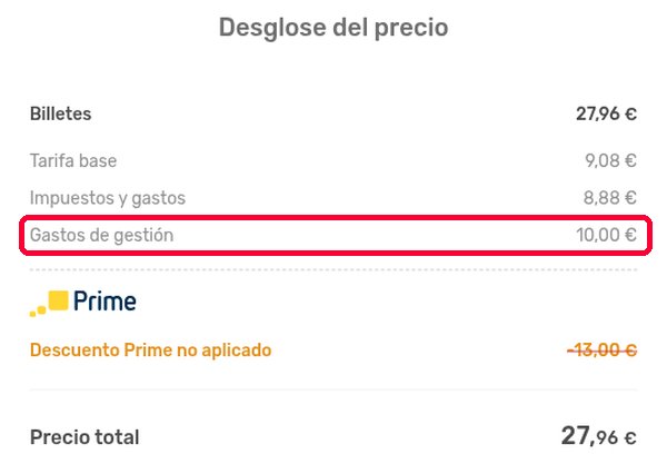 Desglose del precio de un vuelo en eDreams con 10 euros de gastos de gestión