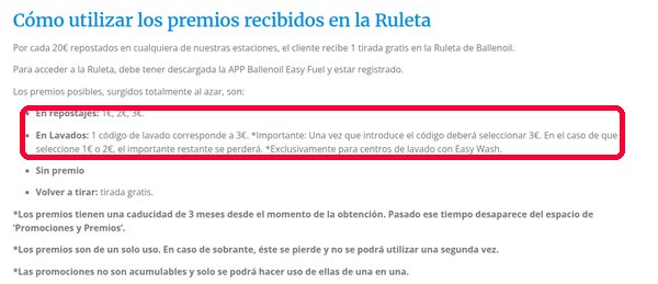Premios de la ruleta de Ballenoil para conseguir descuento en carburante