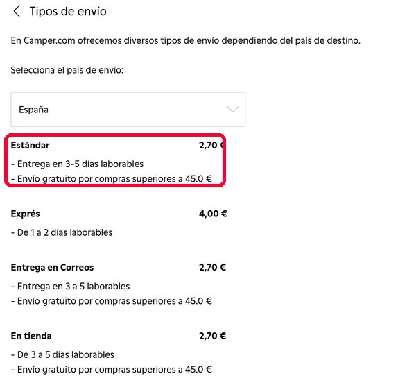 Tipos de envío de Camper en España con envío gratis desde 45 euros