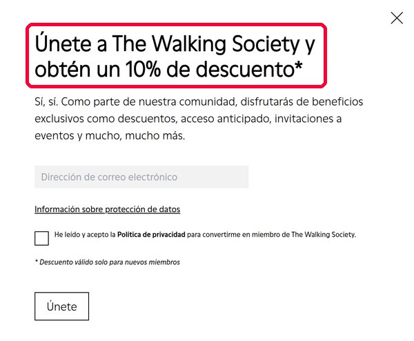 Ventana de The Walking Society de Camper con un 10 % de descuento