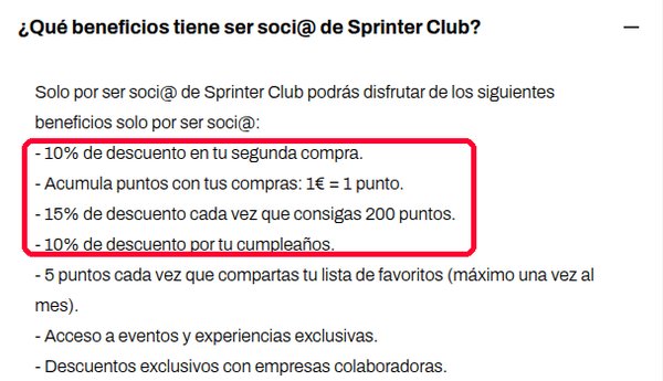 Ventajas de Sprinter Club: 10 % en la segunda compra y 15 % cada 200 puntos
