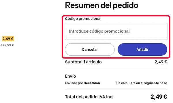Casilla Introduce código promocional con el botón Añadir en Decathlon