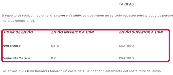 Tarifas de envío de Mariscos O Grove, gratis a partir de 110 euros