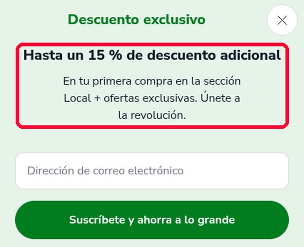 Descuento de Groupon del 15 % en la primera compra de la sección local