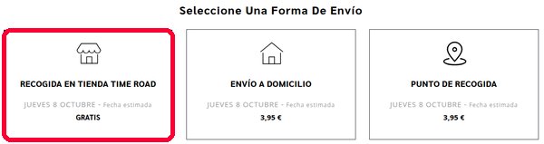 Formas de envío en Time Road: recogida en tienda gratis, domicilio y punto de recogida