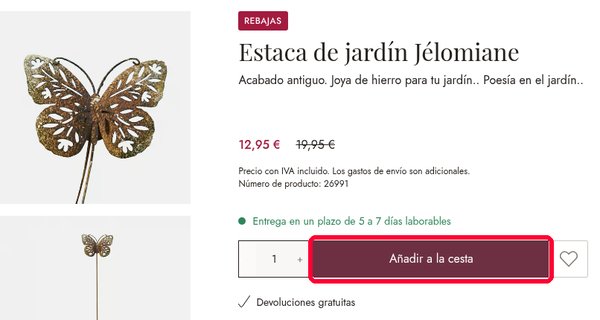 Ficha de producto en Loberon con el precio, el plazo de entrega y el botón Añadir a la cesta