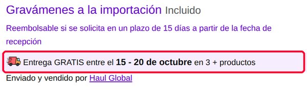 Ficha de Amazon Haul con entrega gratis en 3 productos, gravámenes de importación incluidos y devolución en 15 días