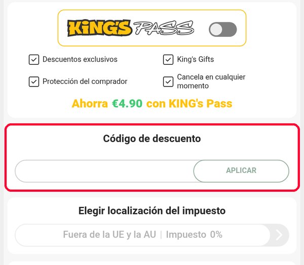 Casilla Código de descuento y botón Aplicar en el carrito de Kinguin