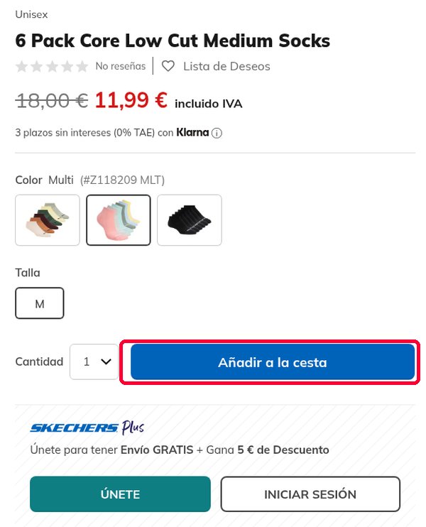 Botón Añadir a la cesta y recuadro de Skechers Plus en una ficha de Skechers