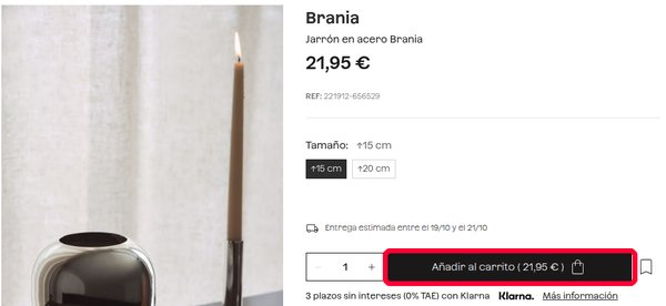 Ficha de producto en Sklum con el precio, la entrega estimada y el botón Añadir al carrito