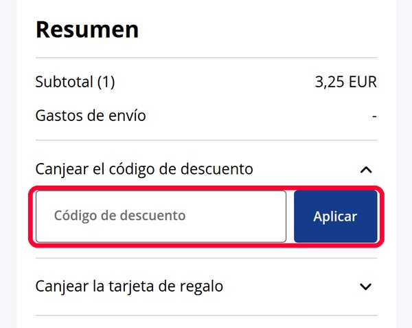 Casilla Código de descuento y botón Aplicar en la cesta de JYSK