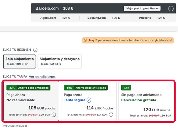 Tarifas Paga ahora, Tarifa segura y Sin pago por adelantado en la reserva de Barceló