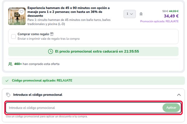 Casilla Introduce el código promocional en la página de pago de Groupon