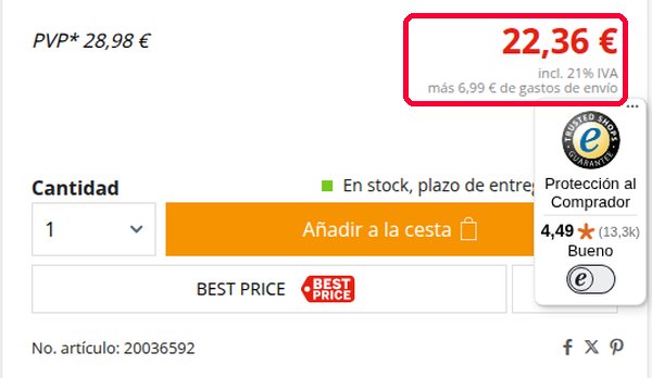 Ficha de producto en Bike-Discount con precio, IVA y gastos de envío a España