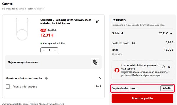 Línea Cupón de descuento con el botón Añadir en el carrito de MediaMarkt
