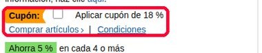 Casilla Aplicar cupón en una ficha de producto de Amazon