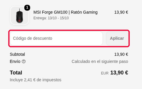 Casilla Código de descuento en el pago de la tienda MSI para meter el cupón MSI