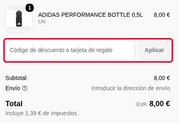 Casilla Código de descuento o tarjeta de regalo en el pago de Bikila