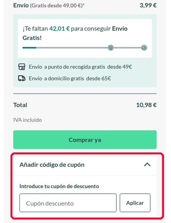 Casilla Añadir código de cupón y botón Aplicar en la cesta de Dosfarma