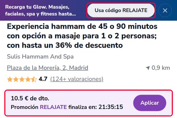 Oferta de Groupon con el código promocional de temporada y el botón Aplicar