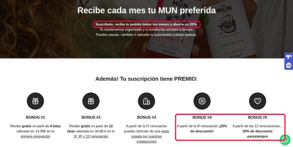 Página de suscripción de Mun Kombucha con un 20 por ciento de descuento y bonus por renovación