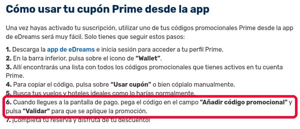 Pasos oficiales de eDreams: pegar el código en Añadir código promocional y pulsar Validar en la pantalla de pago