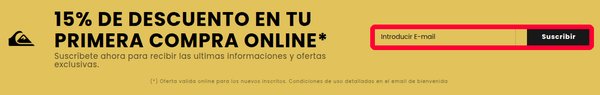 Código promocional Quiksilver del 15 % por suscribirse a la newsletter