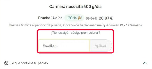 Casilla Tienes algún código promocional y botón Aplicar en el pago de Dogfy Diet
