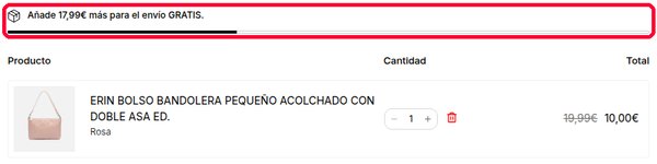 Carrito de Misako con la barra que indica lo que falta para el envío gratis