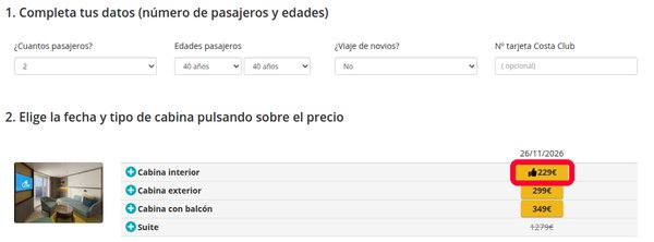 Ficha de crucero en Vayacruceros con pasajeros, edades y precio por tipo de cabina