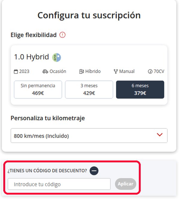 Casilla Tienes un código de descuento en la ficha del coche de BipiCar para meter el código promocional