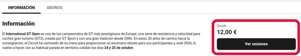Ficha de entradas del Circuit de Catalunya con el precio desde y el botón Ver sesiones