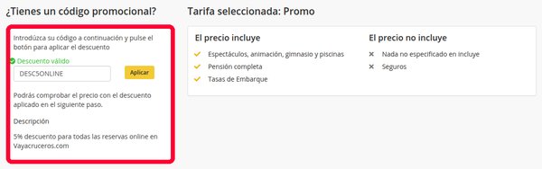 Casilla del código promocional Vayacruceros con el descuento válido del 5 % online