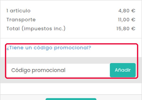 Casilla Código promocional y botón Añadir en el carrito de Mariscos O Grove