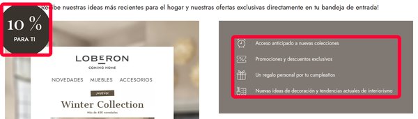 Página del boletín de Loberon con el 10 % de descuento y las ventajas de suscribirse