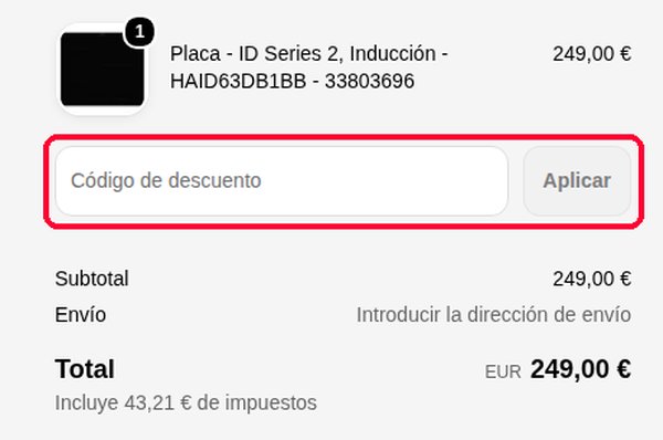 Casilla Código de descuento y botón Aplicar en el pago de Haier