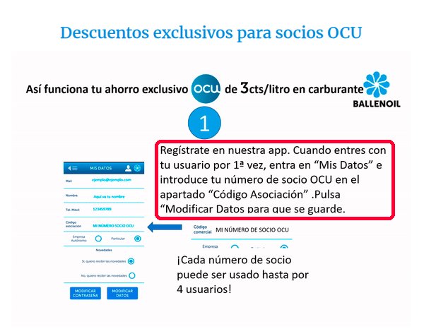 Dónde se mete el código de socio OCU en la app de Ballenoil para el descuento
