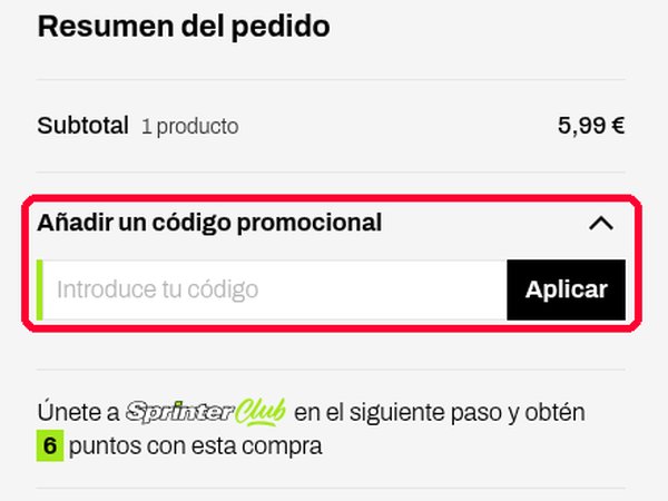 Casilla Añadir un código promocional con el botón Aplicar en la cesta de Sprinter