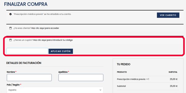 Casilla del cupón Mi Diagnóstico y botón Aplicar cupón en Finalizar compra