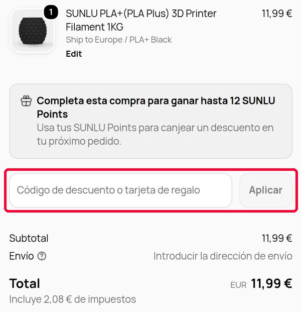 Casilla Código de descuento o tarjeta de regalo en el pago de Sunlu
