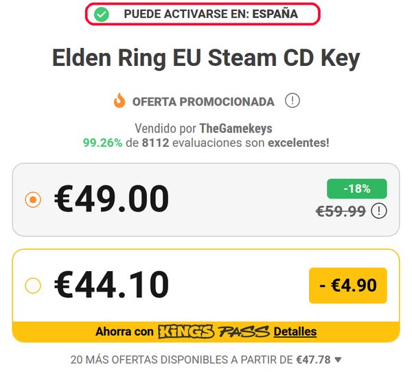 Ficha de juego en Kinguin con la región de activación, el vendedor y el precio con KING's Pass