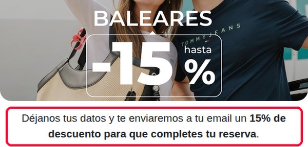 Aviso de Baleària con hasta un 15 % de descuento a cambio del email