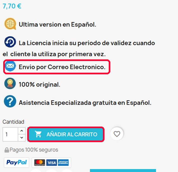 Ficha de producto de SoftZone con envío por correo y botón Añadir al carrito