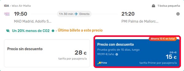 Resultado de vuelo en eDreams con precio sin descuento y precio Prime con prueba gratis de 15 días