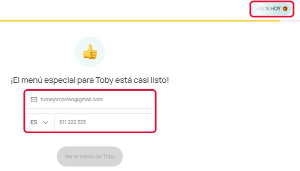 Último paso del cuestionario de Dogfy Diet con el correo, el móvil y el descuento de bienvenida