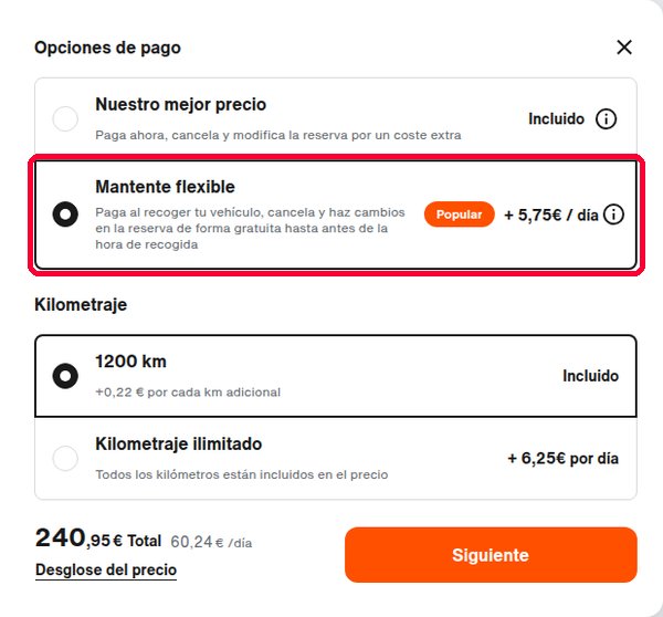 Opciones de pago de Sixt con la tarifa Mantente flexible marcada para poder usar el cupón