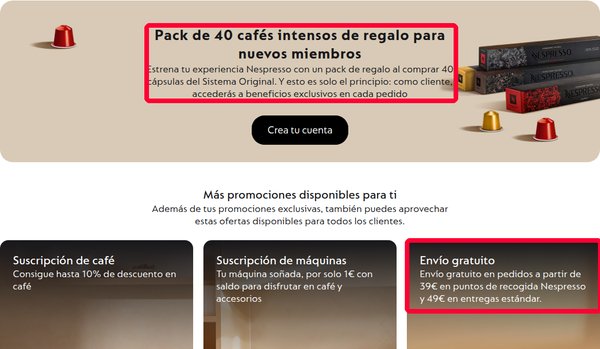 Promociones Nespresso: 40 cafés de regalo para nuevos miembros y envío gratis desde 39 euros