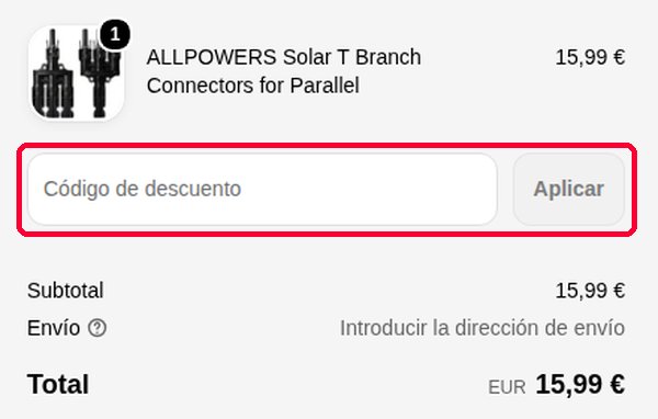 Casilla Código de descuento y botón Aplicar en la pantalla de pago de ALLPOWERS