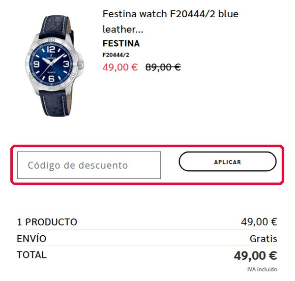 Casilla Código de descuento y botón Aplicar en el pago de Time Road