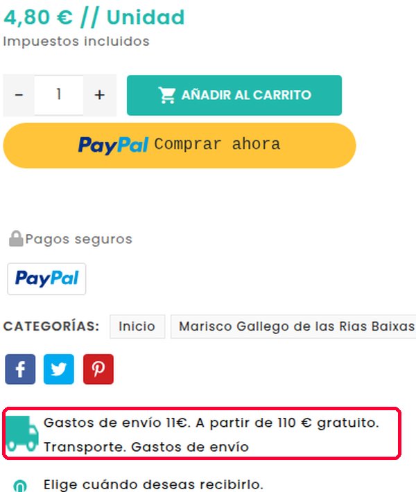 Ficha de producto de Mariscos O Grove con los gastos de envío y envío gratis desde 110 euros